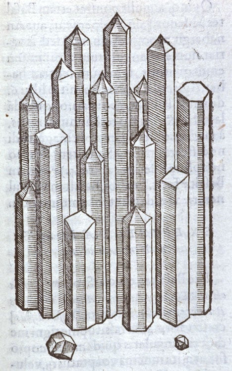 Columnar basalt. Image source: Gesner, Konrad. De omni rerum fossilium genere. Zurich: excudebat Iacobus Gesnerus, 1565, p. 21.