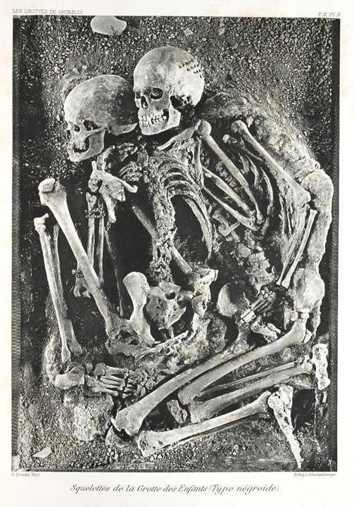 Two Cro-Magnon skeletons, possibly belonging to an adolescent boy and older woman. Image source: Villeneuve, L., et al. Les Grottes de Grimaldi (Baoussé-Roussé). Vol. 2, Monaco: Imprimerie de Monaco, 1906-19, pl. 2.
