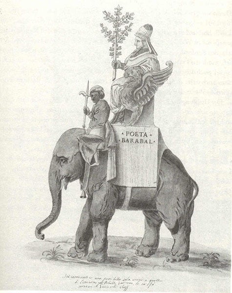 The buffoon poet Baraballo, a favorite of Pope Leo X, aboard Hanno the elephant, Rome, watercolor, Biblioteca Apostolica Vaticana, repoduced in black-and-white in The Pope’s Elephant, by Silvio Bedini, p. 97, 1998 (Wikimedia commons)