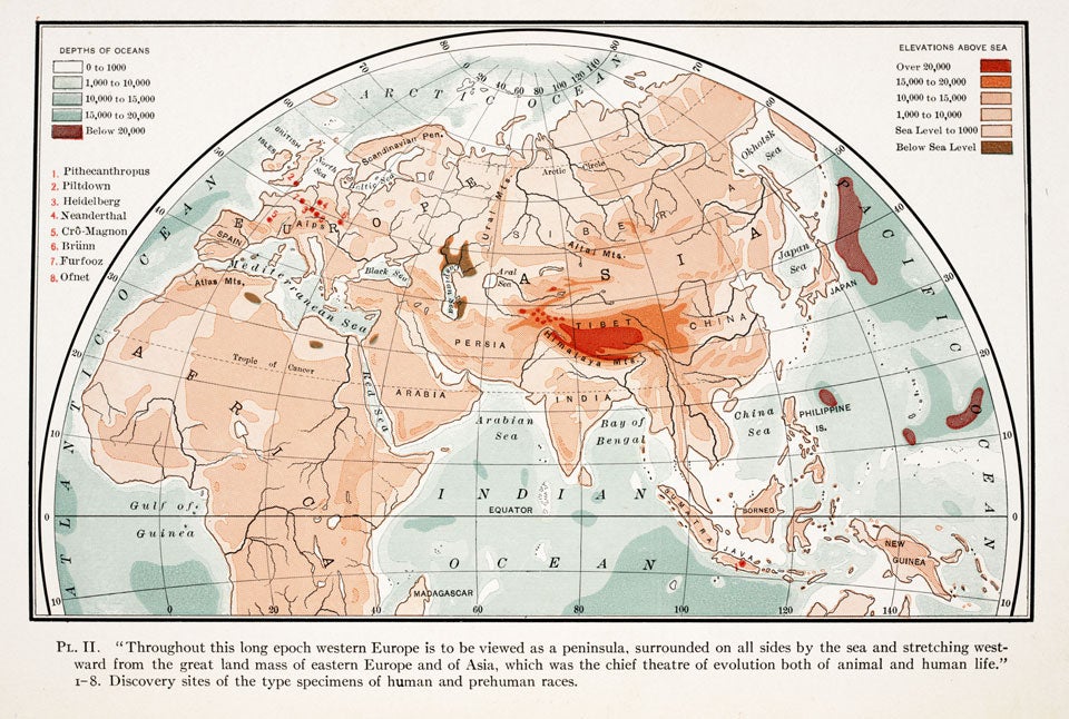 Discovery sites of the type of specimens of human and prehuman races. Image source: Osborn, Henry Fairfield. Men of the Old Stone Age. New York: Scribner’s, 1915, pl. 2.