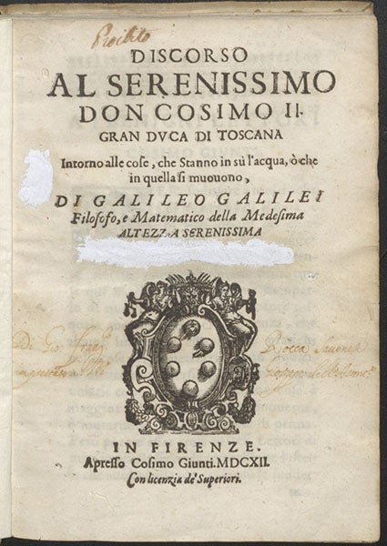 Title page, Discorso …  intorno alle cose: che stanno in su l'acqua, o che in quella si muouono, by Galileo Galilei, 1612 (Linda Hall Library)