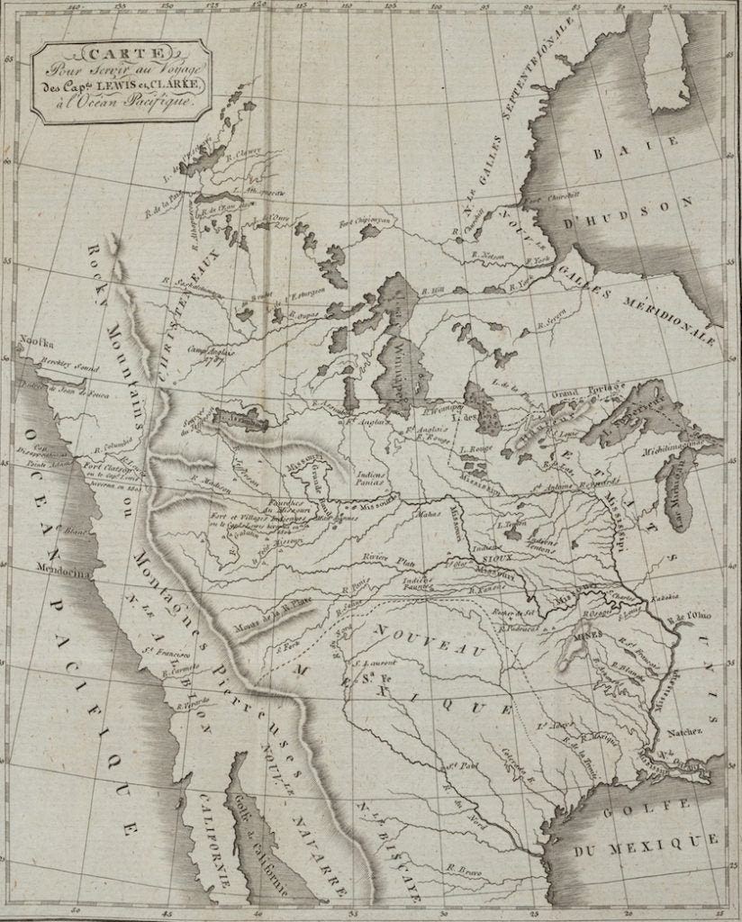 Map of the Missouri River basin and the Western U.S. used by Lewis and Clark during their expedition to the Pacific Ocean at the beginning of the 19th century. Image source: Gass, Patrick., and William Clark. Tagebuch einer Entdeckungs-Reise durch Nord-America von der Mundung des Missouri an bis zum Einflusz der Columbia… Weimar: Verlage des Landes-Industrie, 1814. View Source
