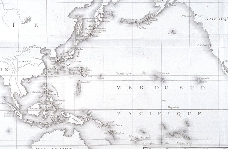 Pacific Ocean map. Image source: Ordinaire, Nicolas. Histoire naturelle des volcans: comprenant les volcans soumarins, ceux de boue, et autres phénomènes analogues. Paris: Chez Levrault frères, 1802, pl. 1.