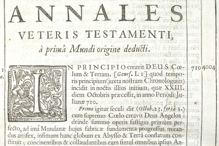 Ussher’s creation date on the margin. Image source: Ussher, James. Annales veteris testamenti, a prima mundi origine. London: Ex officina J. Flesher, 1650, p. 1.