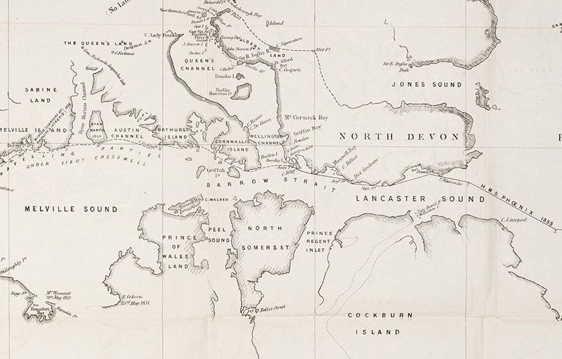 Barrow Strait and Beechey Island, detail of map of a Northwest passage, by Edward Augustus Inglefield, Papers Relative to the Recent Arctic Expeditions in Search of Sir John Franklin and the Crews of H.M.S. “Erebus” and “Terror” (an Arctic Blue Book), bound in at end, 1854 (The Linda Hall)