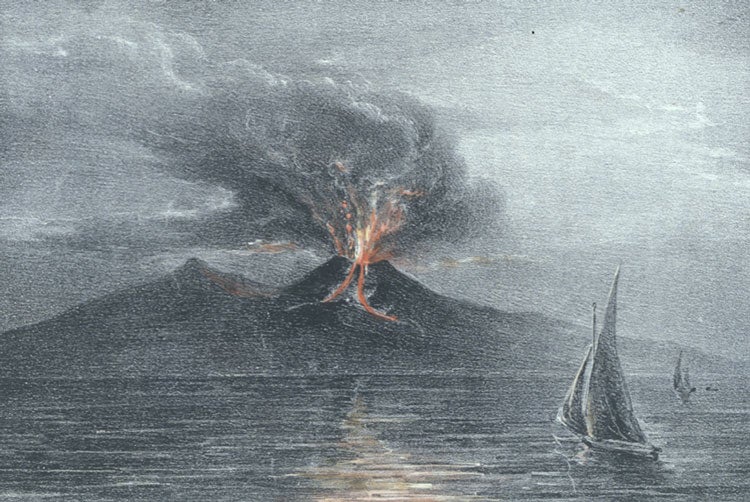 Eruption of Mount Vesuvius. Image source: Auldjo, John. Sketches of Vesuvius. Naples: George Glass, Largo S. Ferdinando, 1832, p. 85.