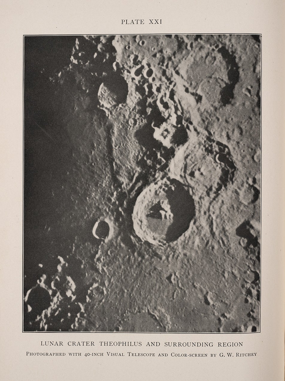 The photograph of the region of Theophilus, Cyrillus, and Catharina, near Mare Nectaris (Sea of Nectar), was printed by a screened halftone process, which is less satisfactory than photogravure, and yet it clearly shows finer detail than the photograph of the same region that appeared in the Lick Observatory Atlas. Image source: The Astrophysical Journal. Vol. 12, no. 5, Dec 1900, Chicago: UC Press, 1895, pl. 21.