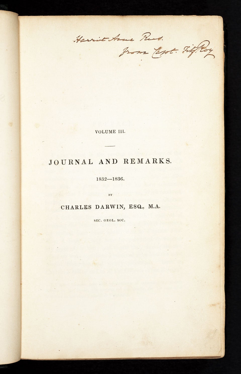 Half-title page to Darwin’s volume, with gift inscription of Fitzroy at the top. Image source: Fitzroy, Robert. Narrative of the Surveying Voyages of His Majesty’s Ships Adventure and Beagle. Vol. 3, London: Henry Colburn, 1839, title page.