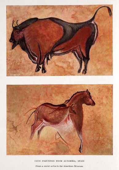 Cave paintings from Altamira, Spain. Image source: Osborn, Henry Fairfield. “Men of the Old Stone Age.” American Museum Journal, vol. 12, no. 8, Dec. 1912, frontispiece. 

