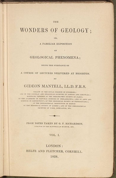 Title page, The Wonders of Geology, by Gideon Mantell, vol. 1, 1838 (Linda Hall Library)