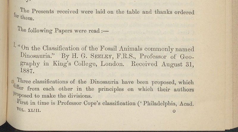 Title and first sentence of a classic paper in dinosaur taxonomy, "On the Classification of the Fossil Animals commonly named Dinosauria,” by Harry Govier Seeley, Proceedings of the Royal Society of London, vol. 43, p. 165, 1888 (Linda Hall Library)