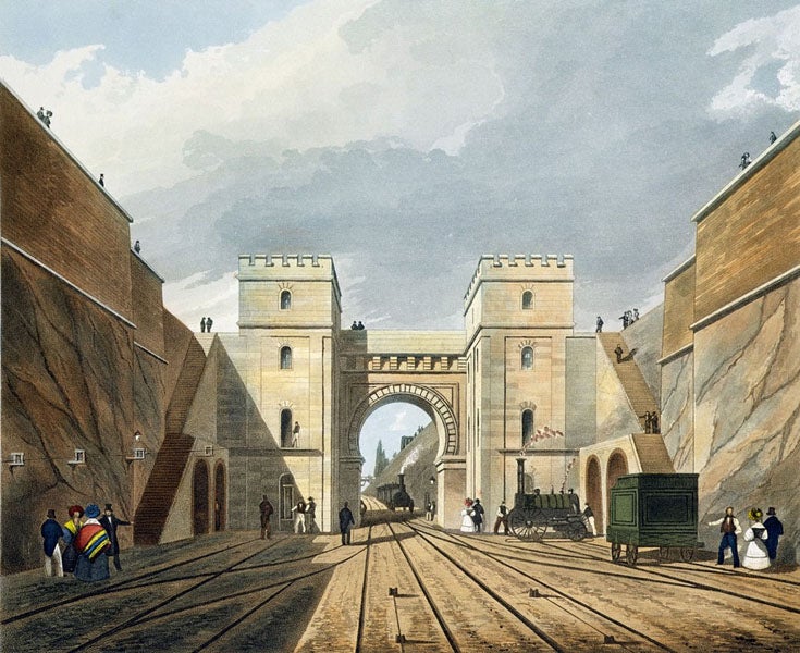 The Moorish Arch at the entrance to the Liverpool and Manchester Railway in Liverpool, aquatint in Coloured Views on the Liverpool and Manchester Railway, by Thomas Talbot Bury, plate 10, 1831 edition (Wikimedia commons)