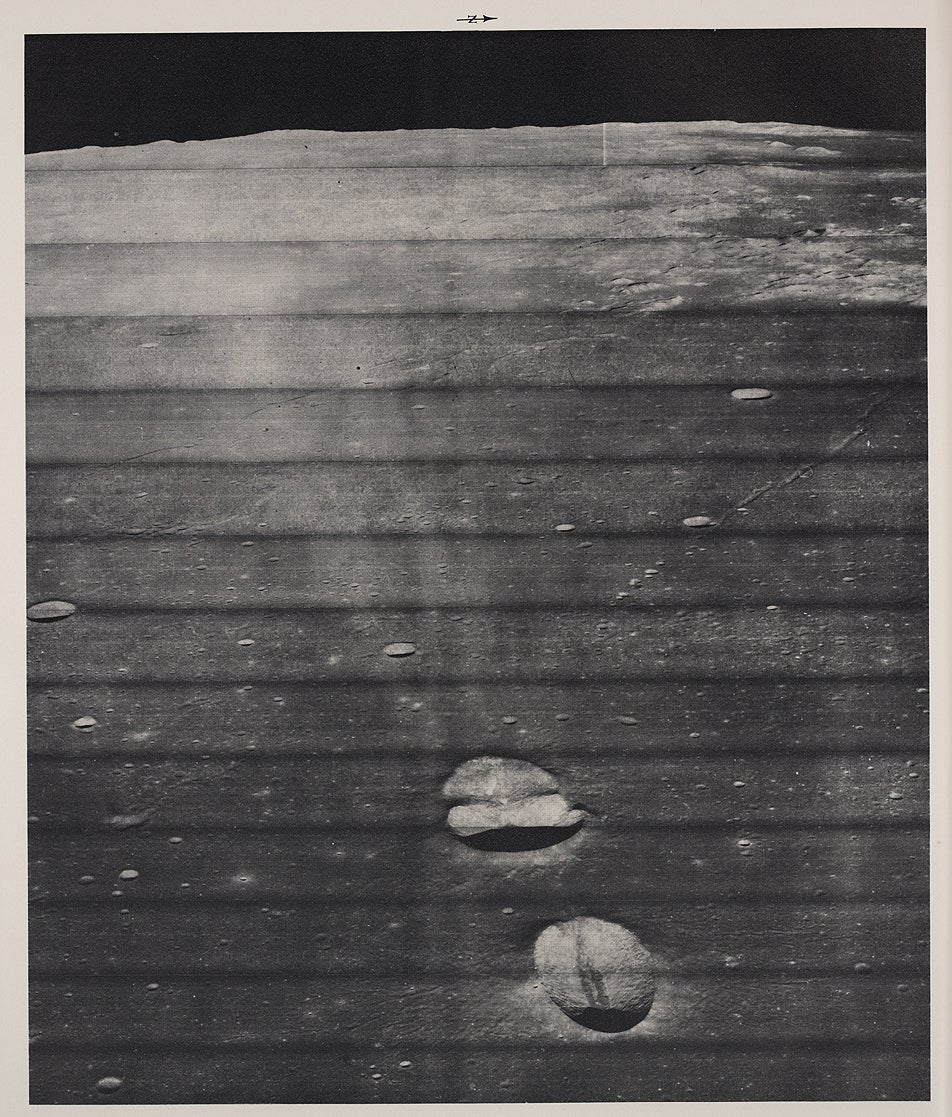 There were many memorable Orbiter photographs; Orbiter I recorded a beautiful panorama that showed the crescent earth in the distance, and Orbiter II took a stunning oblique view of the crater Copernicus. Less familiar is this photograph of remarkable beauty taken by Orbiter V, looking westward across Mare Fecunditatis (Sea of Fertility).