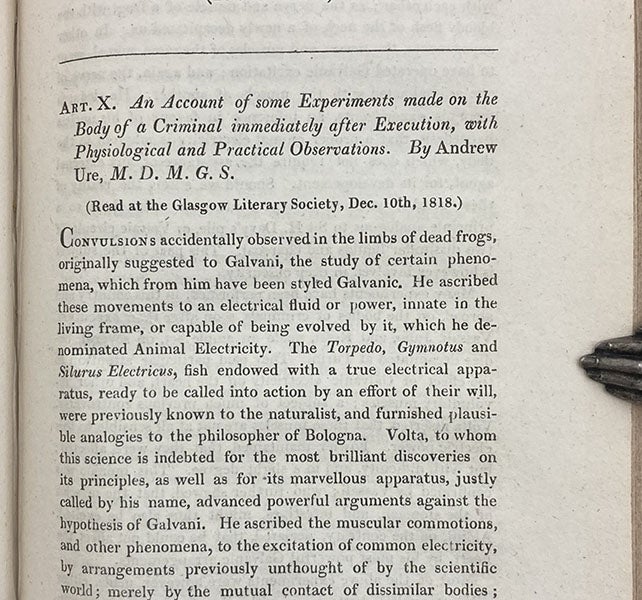 First paragraph of “An account of some experiments made on the body of a criminal immediately after execution, with physiological and practical observations”, by Andrew Ure, Journal of Science and the Arts, vol. 6, p. 283, 1819 (Linda Hall Library)