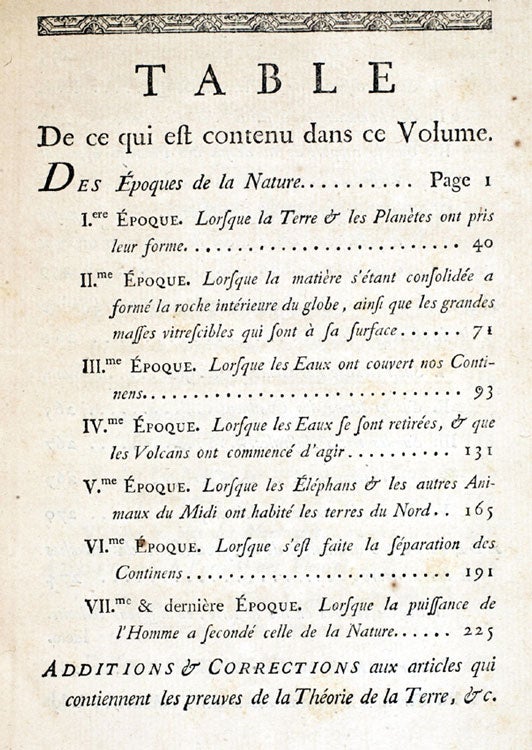 Table of contents. Image source: Buffon, Georges Louis Leclerc, comte de. Histoire naturelle, général et particulièr. Supplement, vol. 5, Paris: De l’imprimerie royale, 1778.