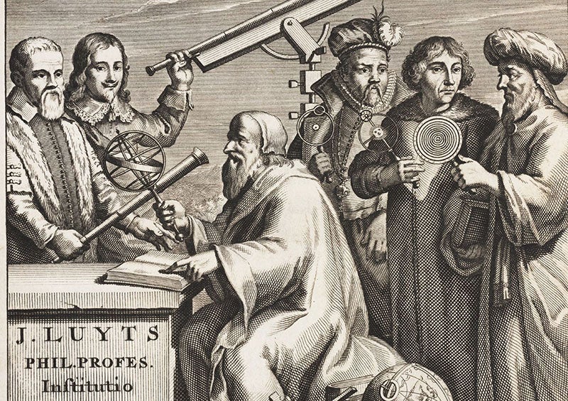 Imagined group portrait: Galileo, Johannes Hevelius, Hipparchus (seated), Tycho Brahe, Copernicus, and Ptolemy, detail of engraved title page, Astronomica institutio, by Jan Luyts, 1692 (The Linda Hall)