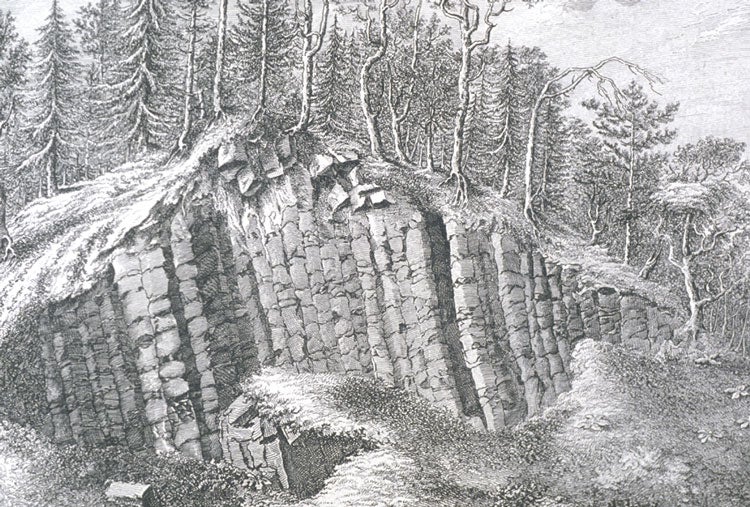Basalt outcrop. Image source: LLeske, Nathanael Gottfried. Reise durch Sachsen in rüksicht der naturgeschichte und ökonomie unternommen und beschrieben. Leipzig: in der J.G. Müllerschen Buchhandlung, 1785, pl. 22.