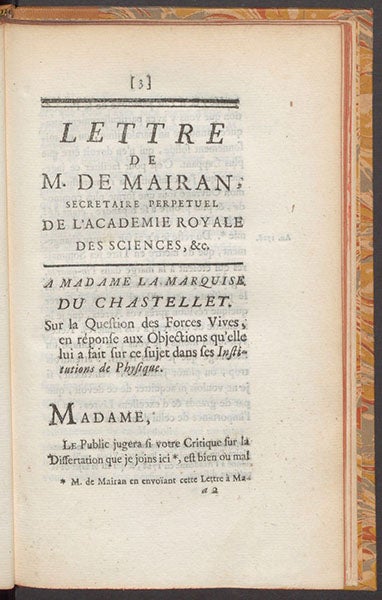 First page, Lettre de M. de Mairan ... A Madame la Marquise du Chastellet. Sur la question des forces vives, by Dortous de Mairan, 1741 (The Linda Hall)