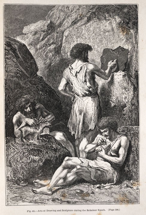 Paleolithic artists drawing and sculpting. Image source: Figuier, Louis. Primitive Man. London: Chapman and Hall, 1870, p. 108.