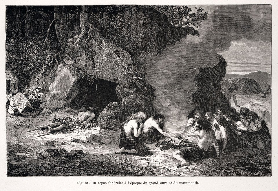 Paleolithic funeral and feast. Image source: Figuier, Louis. L'homme primitif. Paris: Librairie de L. Hachette et Cie, 1870, p. 75.
