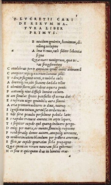 The first page of text in the Aldine octavo edition of Lucretius, De rerum naturae, 1515, showing the italic type that Aldus invented (The Linda Hall)