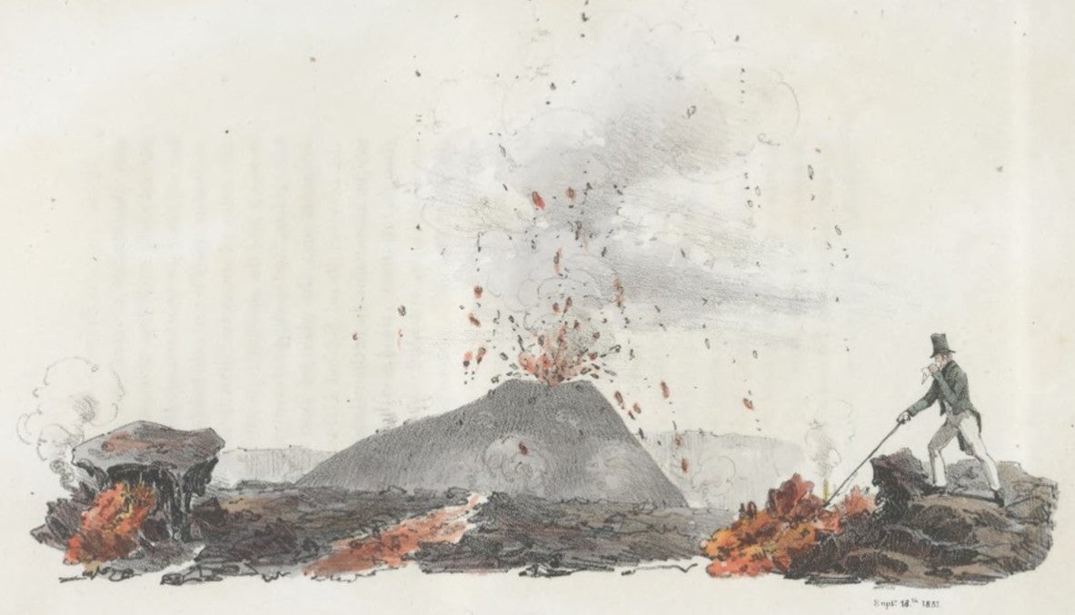 A small cone in the Mount Vesuvius crater spouting lava, with Auldjo himself probing the lava with a staff. Image source: Auldjo, John. Sketches of Vesuvius. Naples: George Glass, Largo S. Ferdinando, 1832, pp. 14-15.