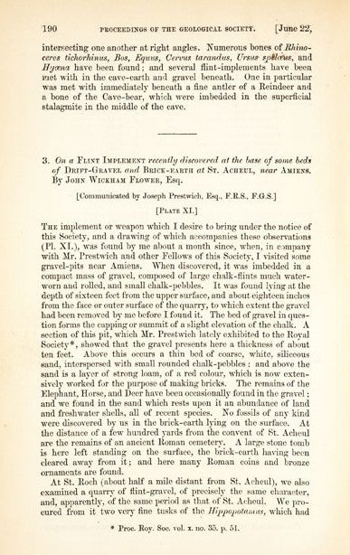 Flower’s announcement. Image source: Flower, John Wickham. “On a Flint Implement Recently Discovered … St. Acheul, near Amiens. ” Quarterly Journal of the Geological Society of London, vol. 16, 1860, p. 190.