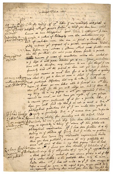 First page of a letter from Isaac Newton to Robert Hooke, Feb. 5, 1675/76, Historical Society of Pennsylvania (digitallibrary.hsp.org)