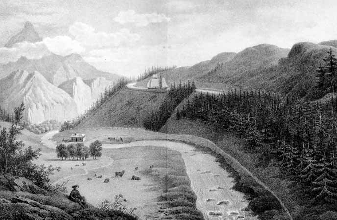 A view of the Caledonian Canal. Image source: Flachat, Stephane. Histoire des Travaux et de l'Aménagement des Eaux du Canal Calédonien. Paris: Firmin Didot, 1828, [premiere vue].