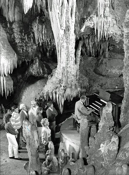 Leland W. Sprinkle playing the Great Stalacpipe Organ, Luray Caverns, Virginia, undated photograph (luraycaverns.com)