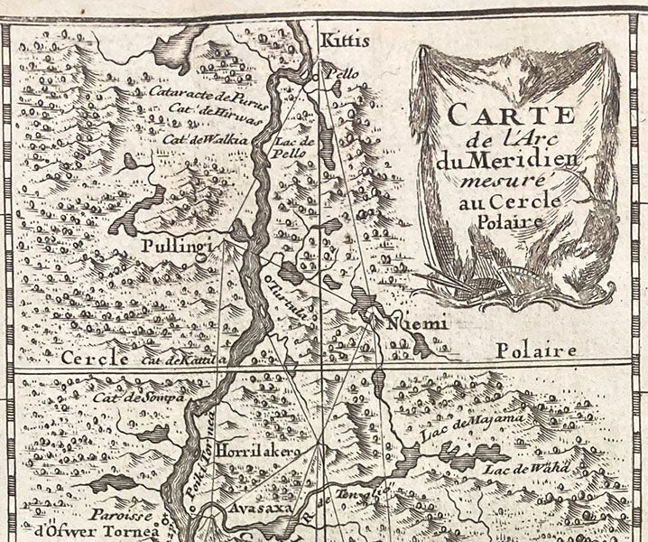 Detail of map of Lapland, showing series of triangulations made in Lapland to determine the length of a degree of latitude, La figure de la terre, déterminée par les observations de Messieurs de Maupertuis, Clairaut, Camus, Le Monnier ... & de M. l'Abbé Outhier ... accompagnes de M. Celsius ... faites par ordre du roy au cercle polaire, plate 1 at end, 1738 (The Linda Hall)