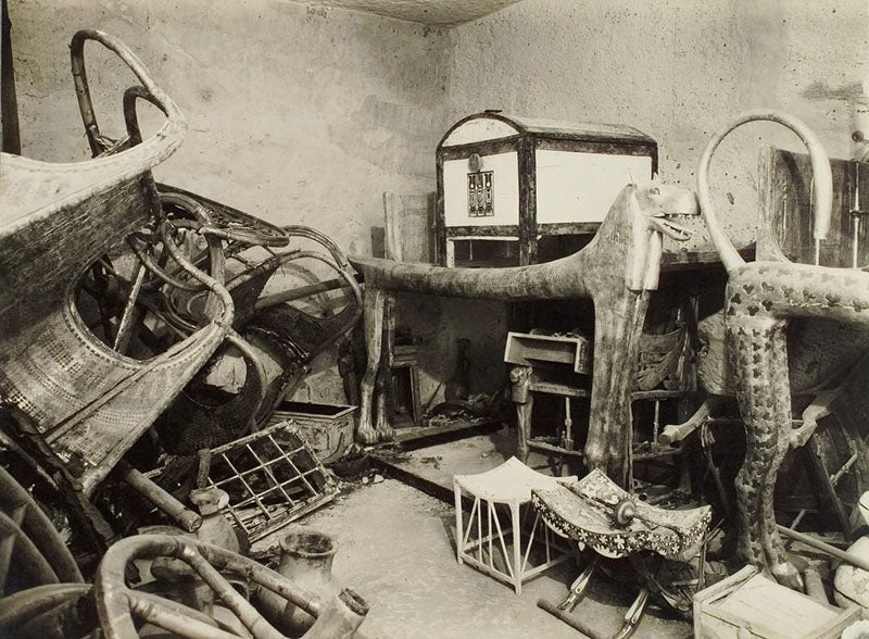 Contents of antechamber, tomb of Tutankhamun, 1922, photograph by Harry Burton (Wikimedia commons)