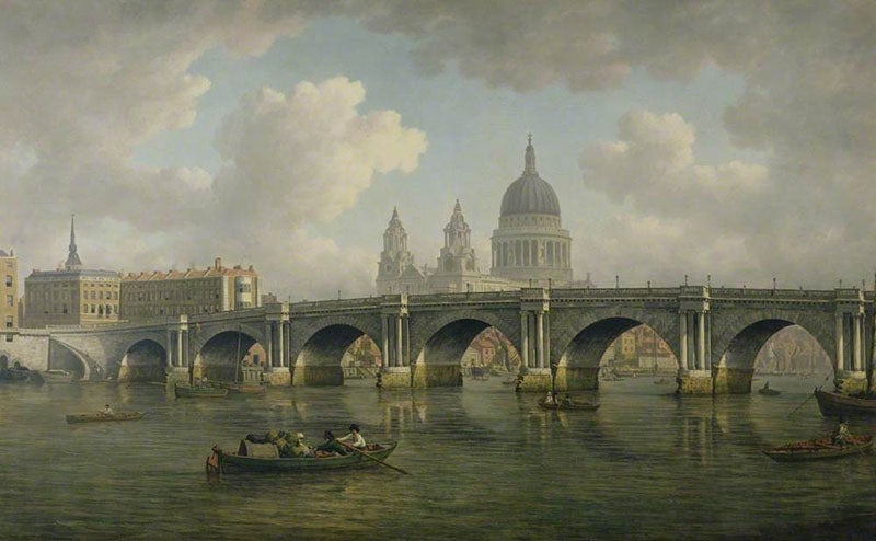 Blackfriars Bridge, with St. Paul’s Cathedral in the background, oil on canvas, by William Marlow, ca 1770, Guildhall Art Gallery (Wikimedia commons)