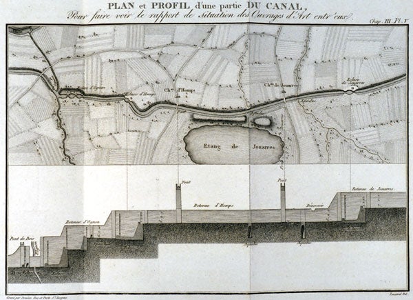 Map of part of the Languedoc Canal. Image source: Andréossy, Antonie-François. Histoire du Canal du Midi, ou Canal de Languedoc. Nouvelle éd. Paris: Impr. de Crapelet, 1804, pl. 5.