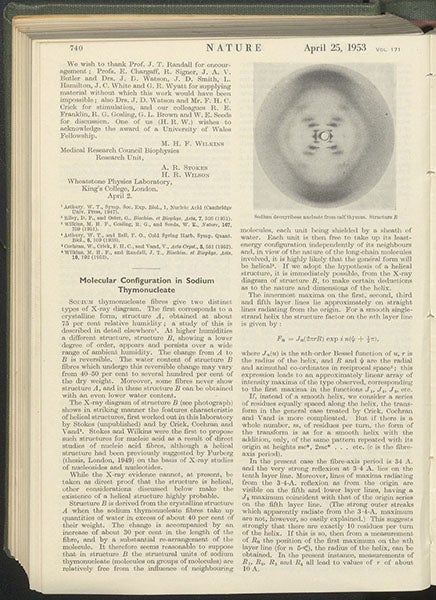 First page of “Molecular configuration in sodium thymonucleate,” by Rosalind Franklin and Raymond Gosling, including Photo 51, Nature, vol. 171, p. 740, Apr. 25, 1953 (Linda Hall Library)
