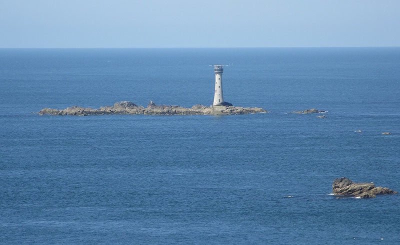 Les Hanois Lighthouse, Guernsey, William Douglass, resident engineer, recent phonograph; the helipad on top is a later addition (Wikimedia commons)