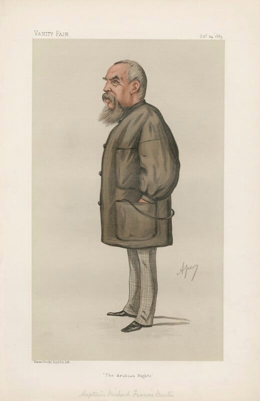 Richard Burton, chromolithograph caricature by “Ape” (Carlo Pellegrini), Vanity Fair, Oct. 24, 1885, National Portrait Gallery, London (npg.org.uk)