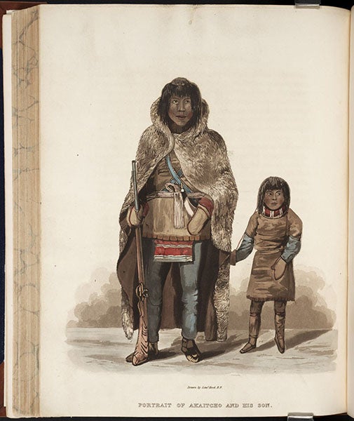 Akaitcho, an Inuit interpreter  interpreter, and his son, hand-colored engraving after a watercolor by Robert Hood, Narrative of a Journey to the Shores of the Polar Sea, in the Years 1819, 20, 21, and 22, by John Franklin, p. 203, 1823 (The Linda Hall)