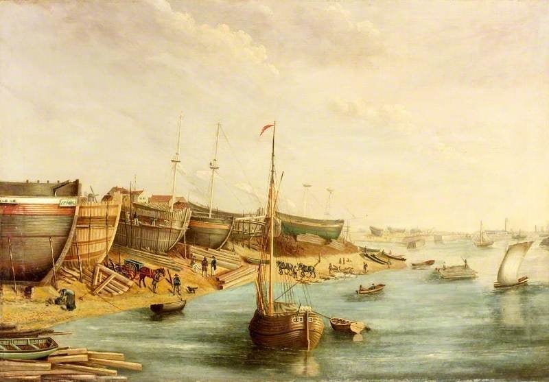 Shipyard of William Pile, Sunderland, Tyne and Wear, oil on panel, unknown artist, 1830s, Sunderland Museum & Winter Gardens (Wikimedia commons)