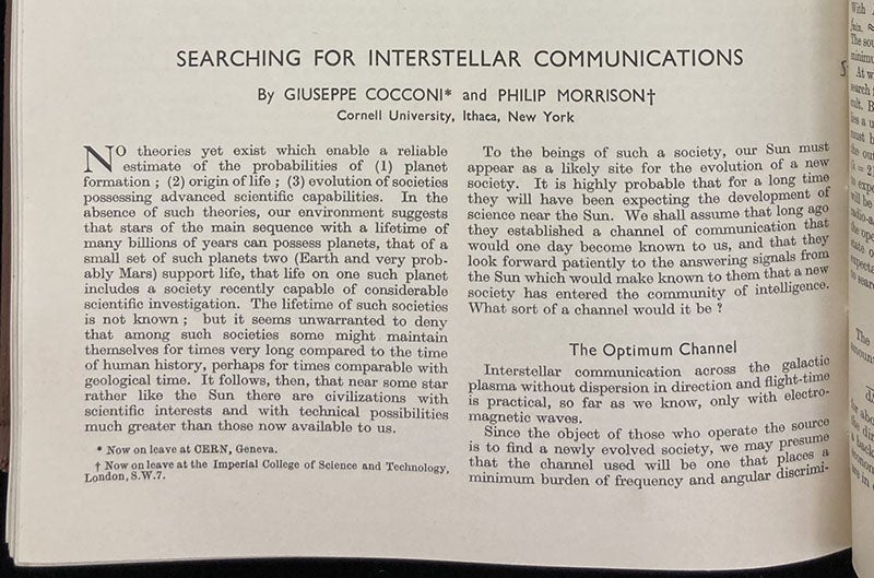 First paragraph of “Searching for interstellar communications,” by Giuseppe Cocconi and Philip Morrison, Nature, vol. 184, p. 844, Sep. 19, 1959 (Linda Hall Library)