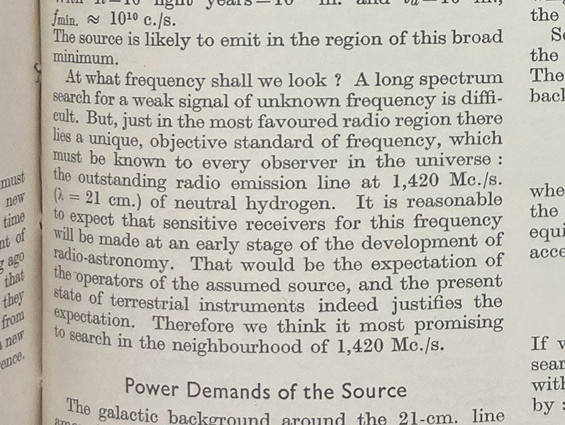 Paragraph on second page of “Searching for interstellar communications,” by Giuseppe Cocconi and Philip Morrison, suggesting that the search for radio waves should begin at the emitting frequency of neutral hydrogen, 1420 MHz, corresponding to a wavelength of 21 cm, Nature, vol. 184, p. 845, Sep. 19, 1959 (Linda Hall Library)
