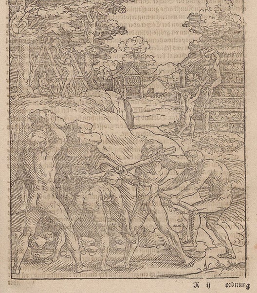 Inventing the art of building, illustrating a story in Vitruvius, woodcut, Bawkunst, oder, Architectur, by Walther Hermann Ryff, 3rd ed., p. 131, 1582 (The Linda Hall)