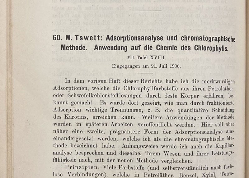 First paragraph, “Adsorptionanalyse und chromatographische Methode,” by Mikhail Tsvet, Berichte der Deutschen Botanischen Gesellschaft, vol. 24, p. 384, 1906 (Linda Hall Library)