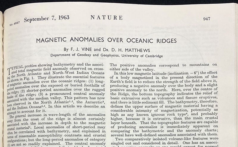 First paragraph, “Magnetic anomalies over ocean ridges,” by F. Vine and D. H. Matthews, Nature, vol. 199, p. 947, 1963 (Linda Hall Library)