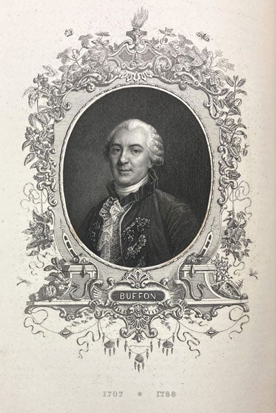 Portrait of George Louis Leclerc, comte de Buffon, engraving, Le muséum d'histoire naturelle, by Paul-Antoine Cap, part 1, p. 14 entire, 1854 (Linda Hall Library)