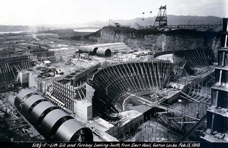 Gatun Locks under construction. Image source: Nichols, Aurin Bugbee, and Tirzah Lamson Nichols. Panama Canal Collection, 1846-1923 (bulk 1906-1914). Photograph Album 2, p. [134].