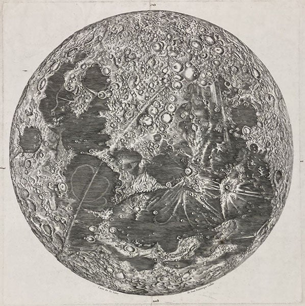 "Carte de la lune de Jean Dominique Cassini," drawn by Jean Patigny, 1787 imprint of 1679 engraving, with South at the top (Linda Hall Library)