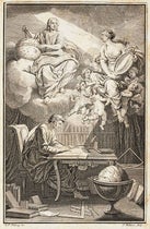 Frontispiece, Élémens de la philosophie de Neuton: mis à la portée de tout le monde, by Voltaire, 1738; Émilie du Châtelet is possibly represented by the woman holding the mirror (The Linda Hall)