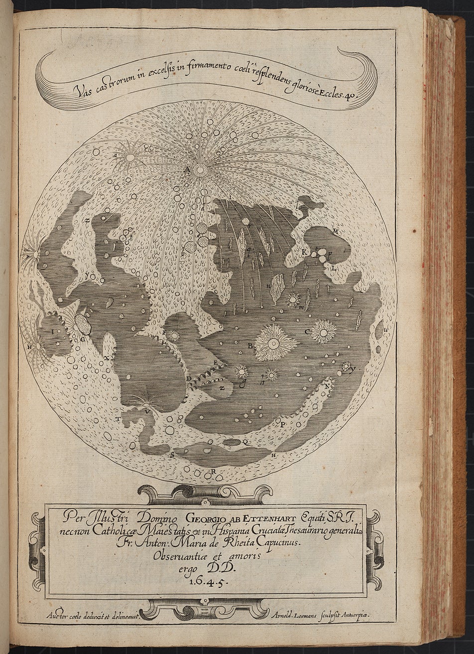 Rheita's map has not been much appreciated, probably because it was so soon eclipsed by the more splendid efforts of Hevelius, Divini, and Grimaldi, but it captures the brilliant ray system of Tycho (feature A) much better than any other illustration to that time, as well as the mountainous nature of the Apennines (E). The floors of the craters Plato (Q) and Grimaldi (u) are properly depicted as black. 