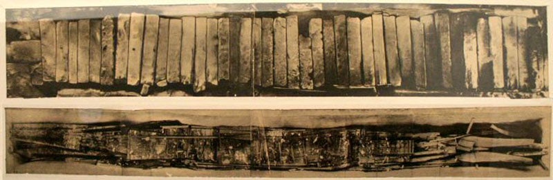 Disassembled ship of Khufu upon discovery, photographs, 1954 (Wikimedia commons)
